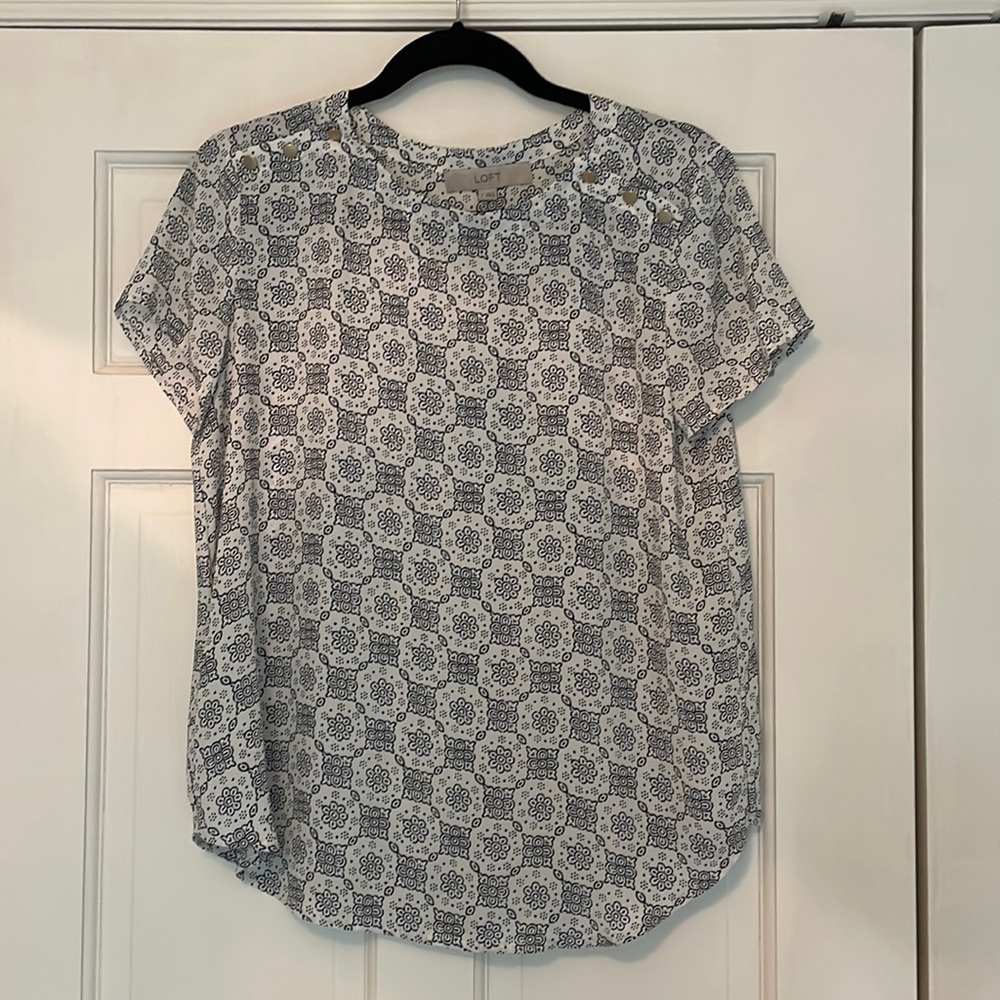 Navy & white print breezy blouse with gold buttons